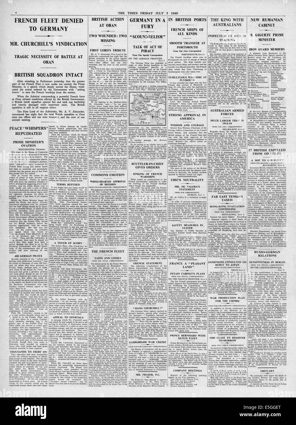 1940 The Times front page reporting French Navy attacked by Royal Navy at Oran (Mers-el-Kebir) Stock Photo