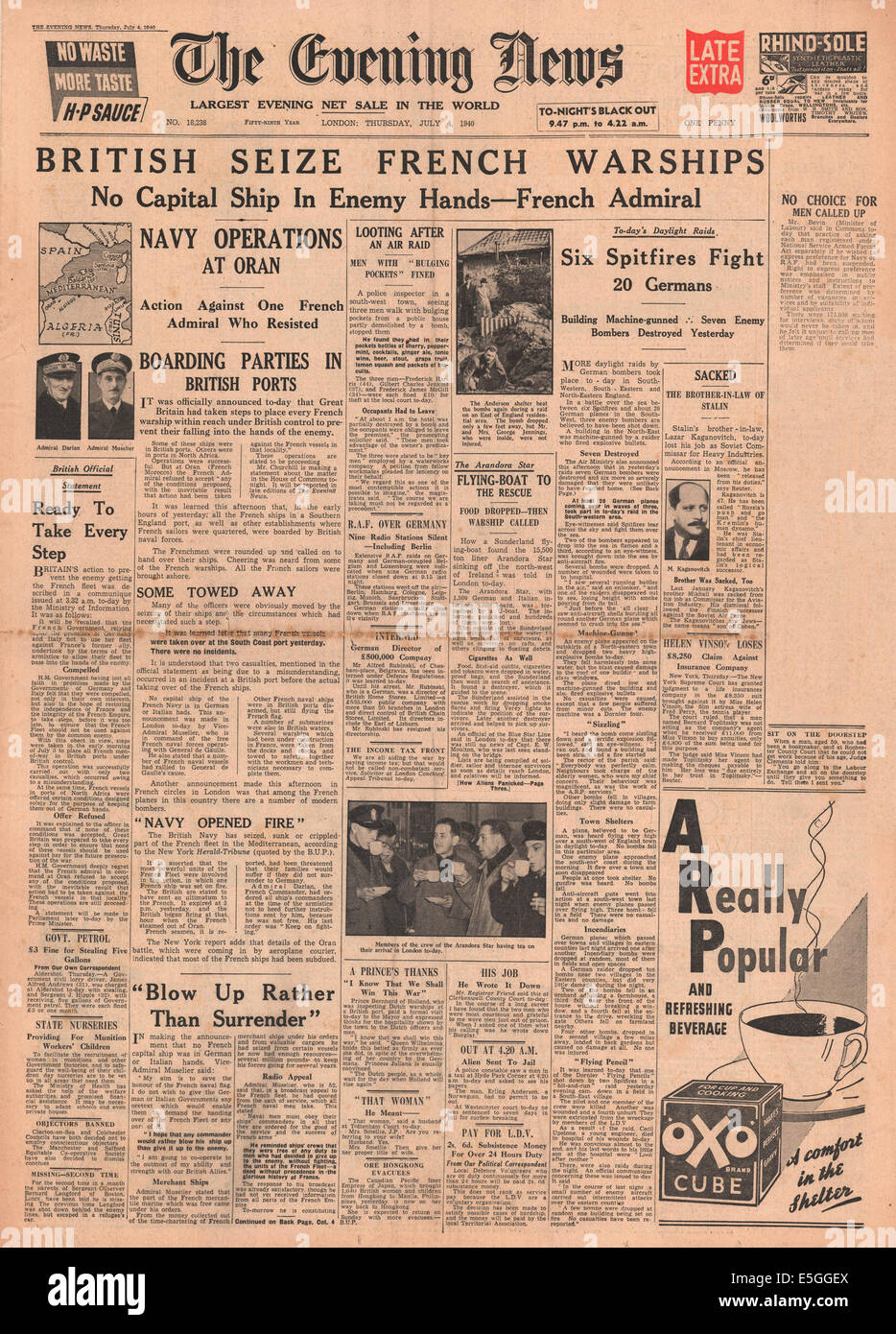 1940 Evening News (London) front page reporting French Navy attacked by Royal Navy at Oran (Mers-el-Kebir) Stock Photo