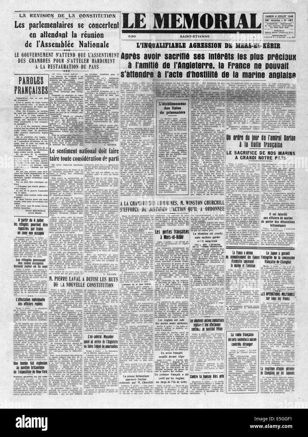 1940 Le Memorial (France) front page reporting French Navy attacked by Royal Navy at Oran (Mers-el-Kebir) Stock Photo