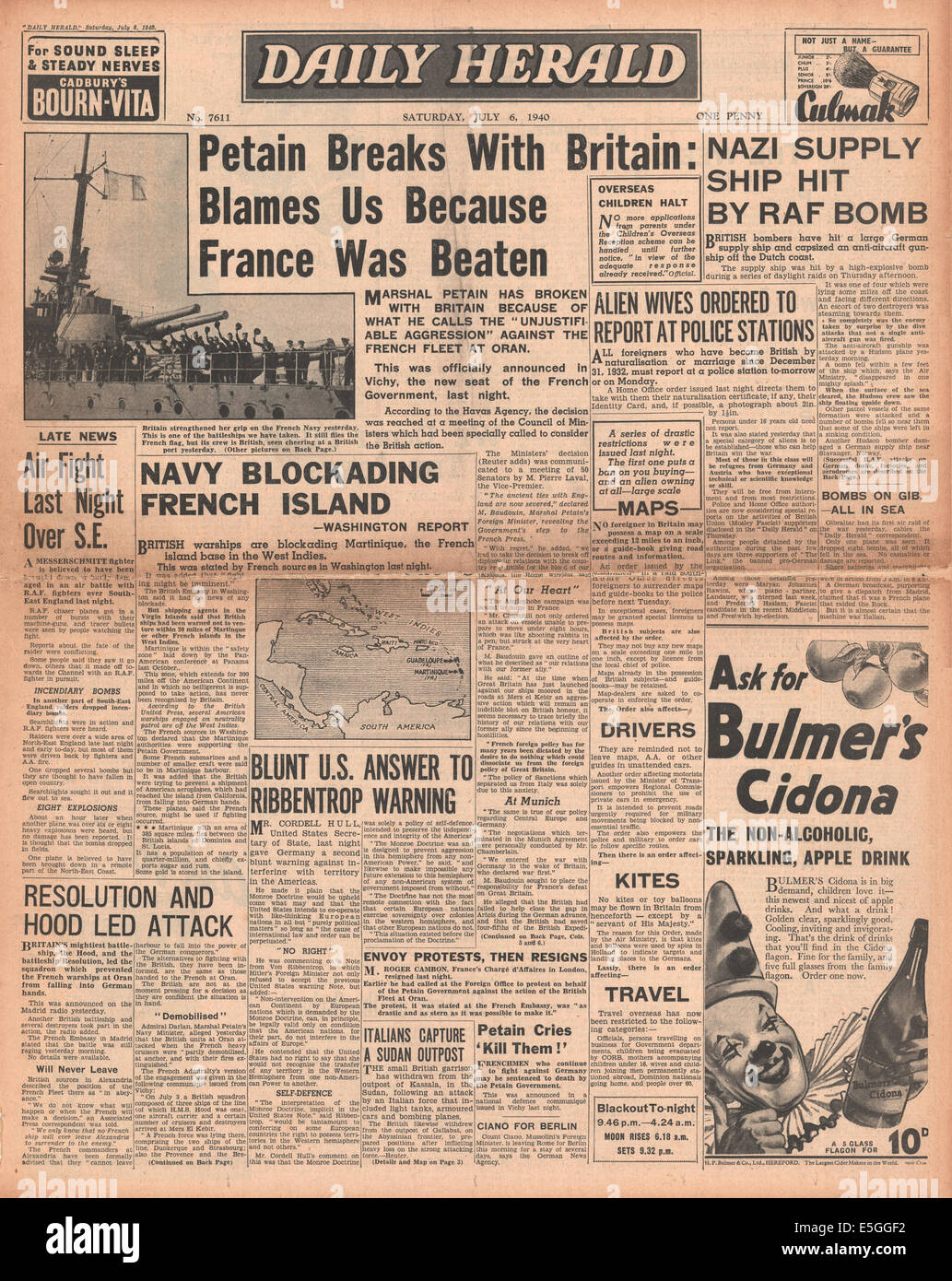 1940 Daily Herald front page reporting French Navy attacked by Royal Navy at Oran (Mers-el-Kebir), Algeria Stock Photo