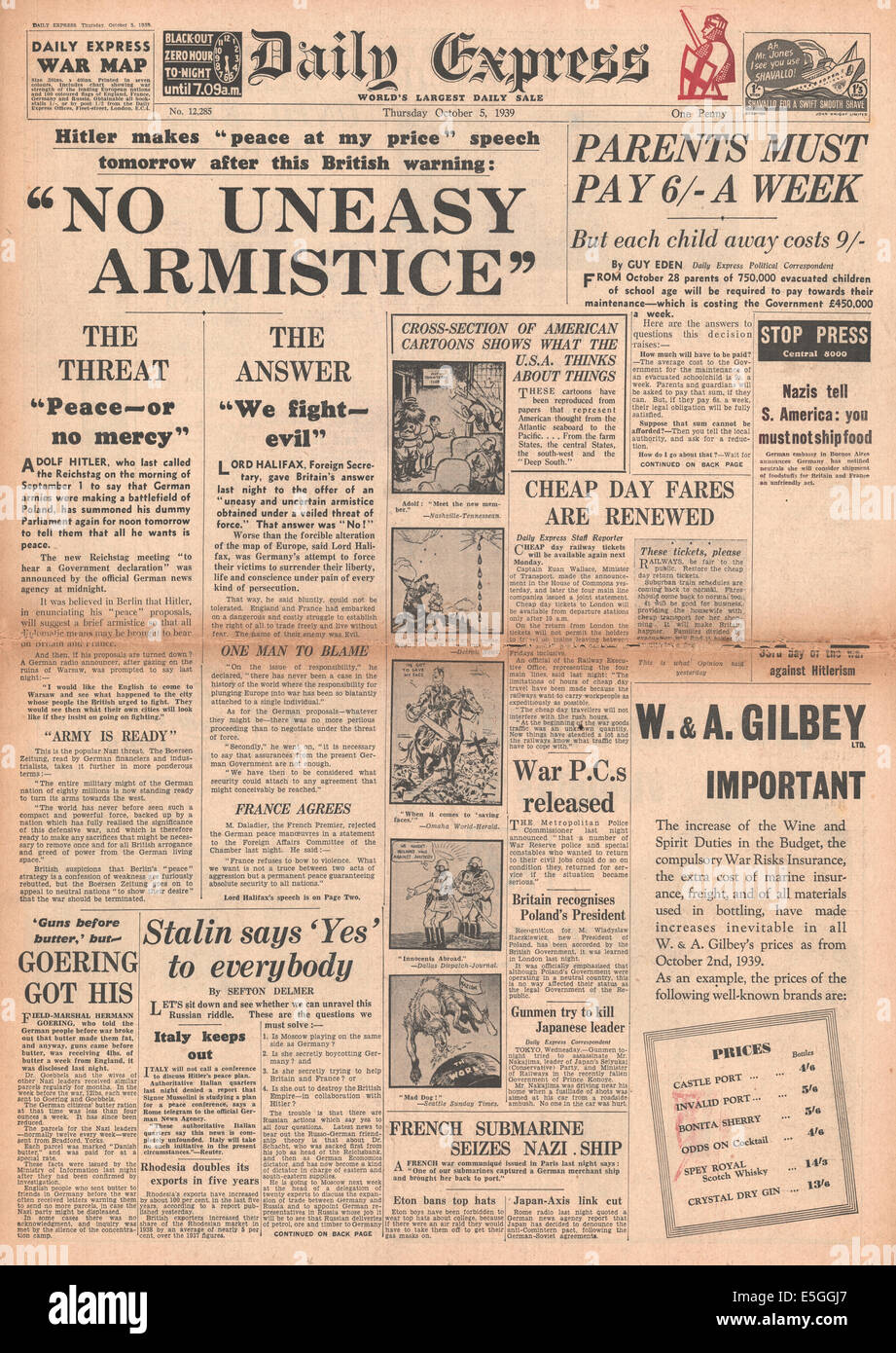 1939 Daily Express front page reporting evacuation of children and Hitler's peace proposals Stock Photo