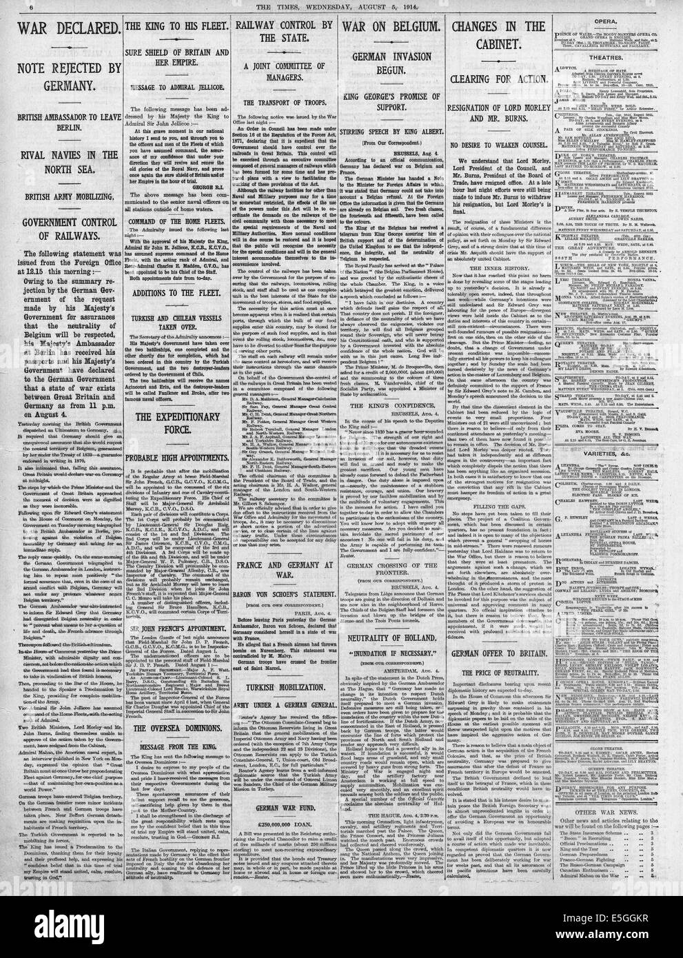 1914 The Times page 6 reporting Britain's declaration of war on Germany Stock Photo