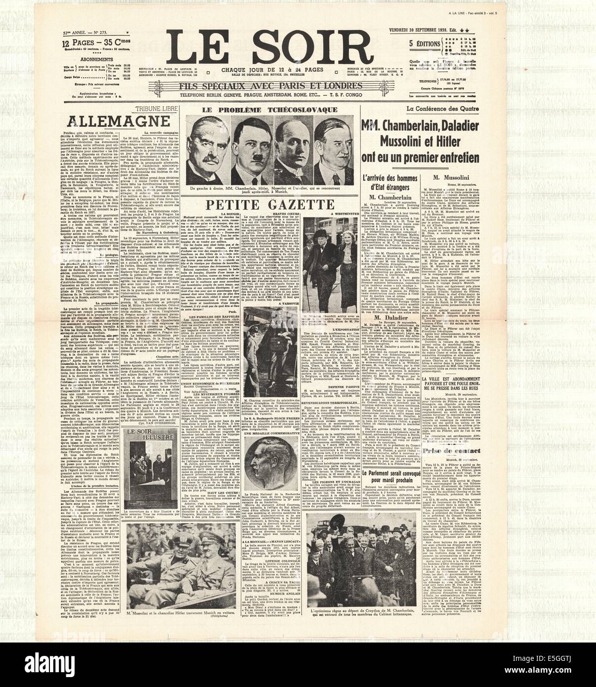 1938 Le Soir (France) front page reporting the signing of the Munich peace agreement Stock Photo