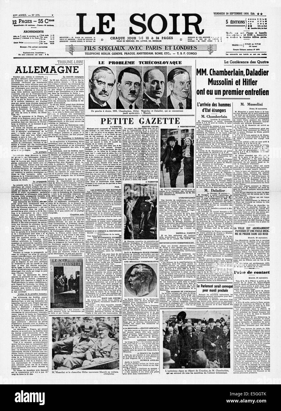 1938 Le Soir (France) front page reporting the signing of the Munich peace agreement Stock Photo