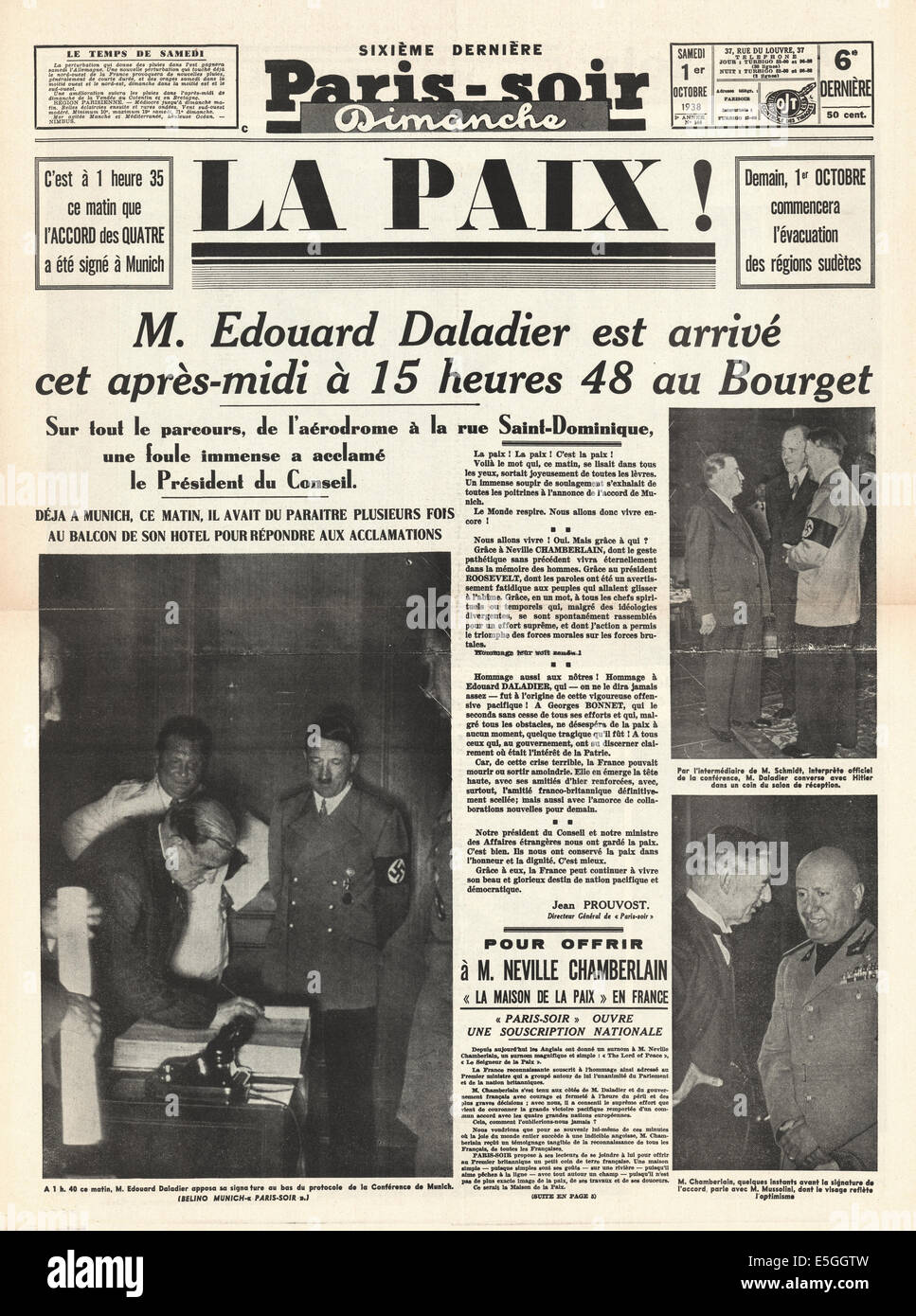1938 Paris Soir (France) front page reporting the signing of the Munich peace agreement Stock Photo