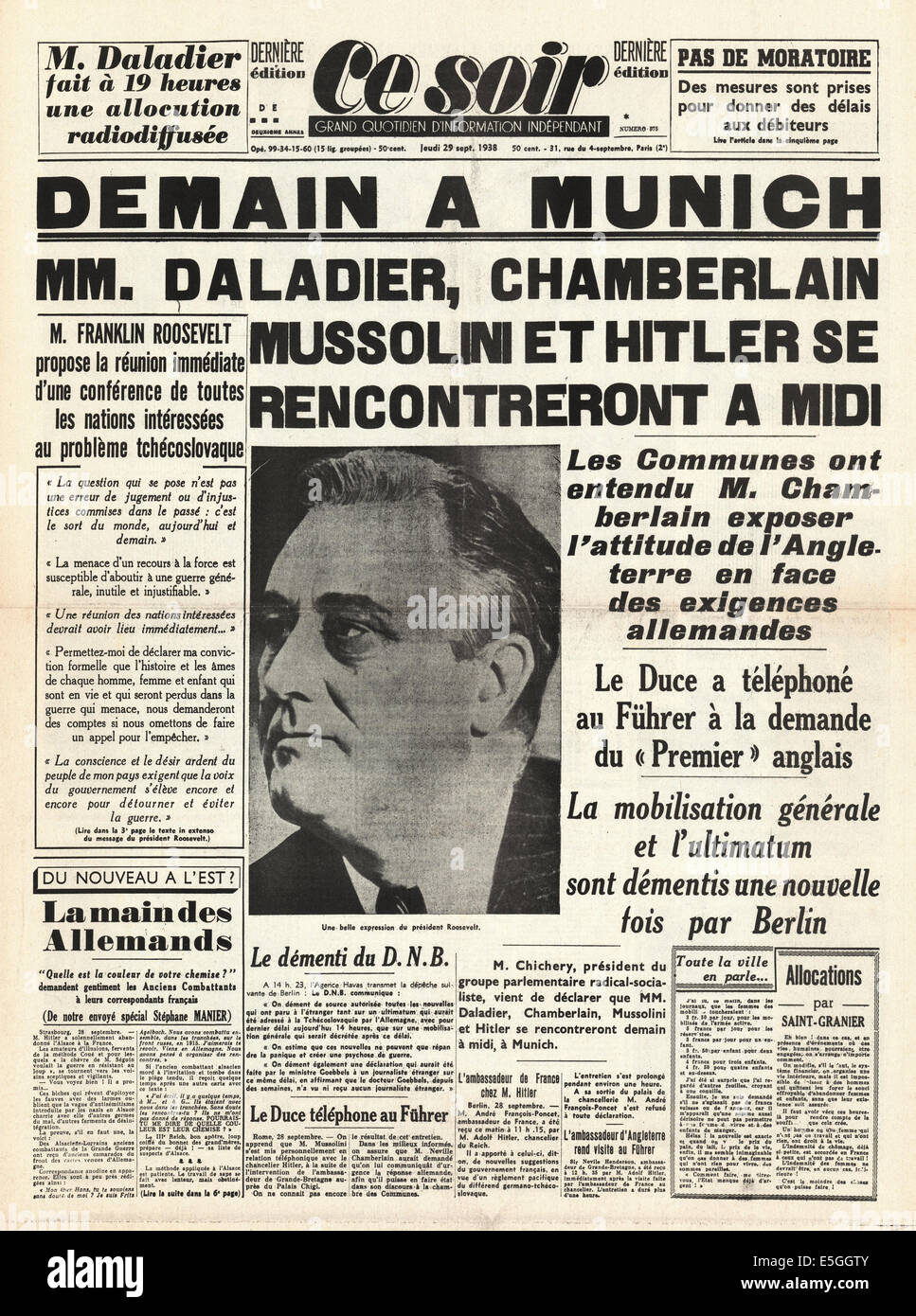 1938 Ce Soir (France) front page reporting the signing of the Munich peace agreement Stock Photo