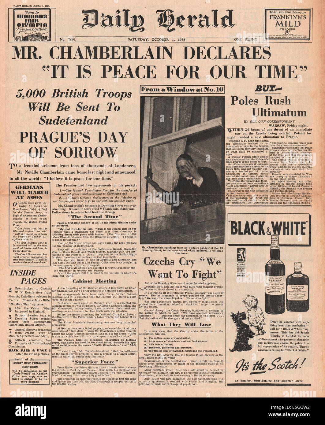 1938 Daily Herald front page reporting the signing of the Munich peace agreement and Chamberlain declares 'It Is Peace For Our Time' Stock Photo