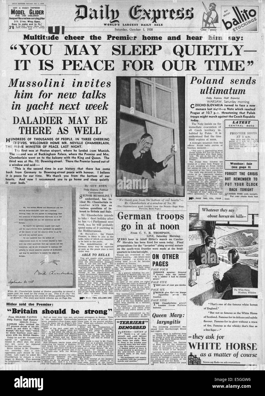1938 Daily Express front page reporting the signing of the Munich peace agreement and Chamberlain declares 'It Is Peace For Our Time' Stock Photo