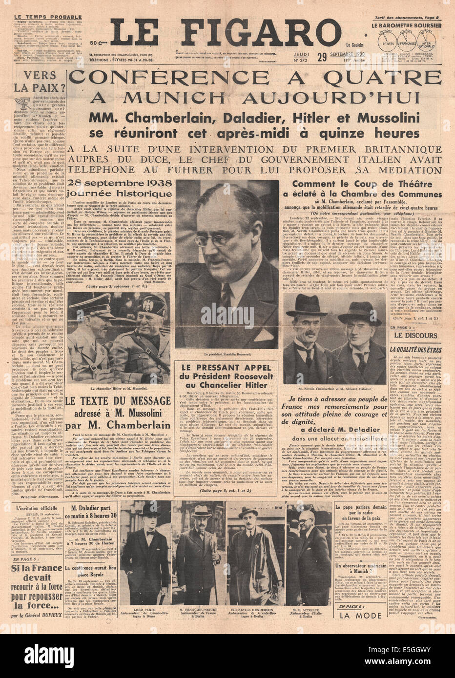 1938 Le Figaro (France) front page reporting the signing of the Munich peace agreement Stock Photo