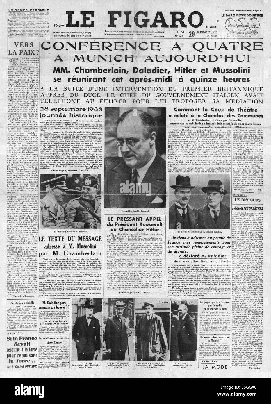 1938 Le Figaro (France) front page reporting the signing of the Munich peace agreement Stock Photo