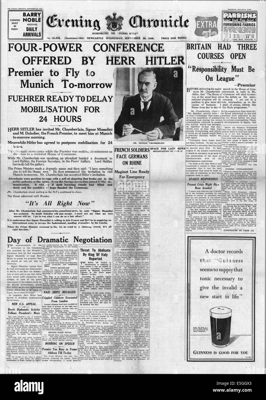 1938 Evening Chronicle (Manchester) front page reporting Chamberlain to meet Hitler, Mussolini and Daladier for peace talks Stock Photo