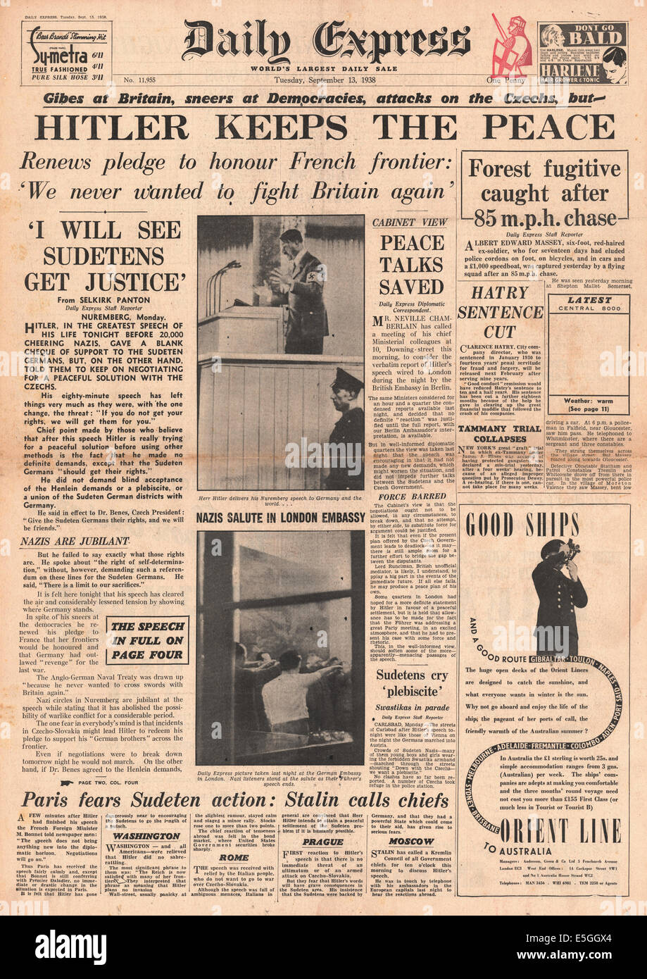 1938 Daily Express front page reporting Adolf Hitler's speech  offering a peaceful resolution to Sudeten crisis Stock Photo