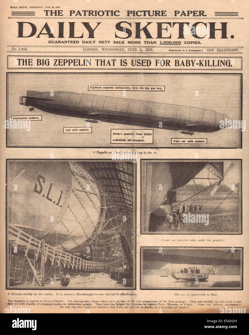 1915 Daily Sketch front page reporting Zeppelins Stock Photo