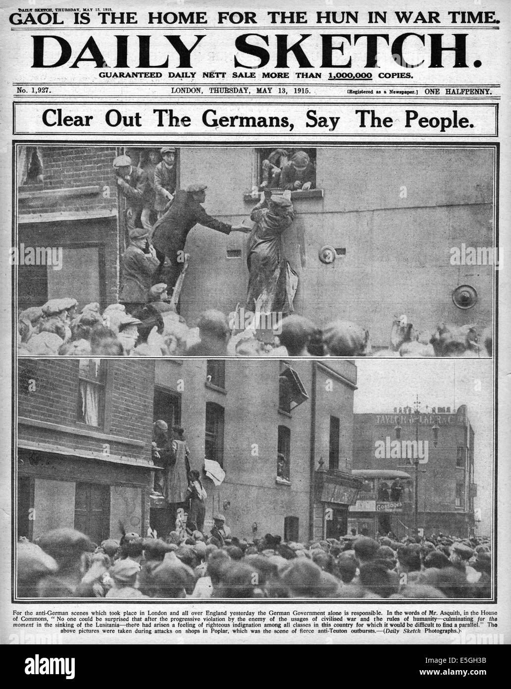 1915 Daily Sketch front page reporting Anti German riots in London Lusitania sunk Stock Photo