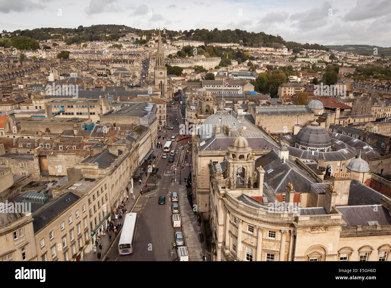 UK, England, Wiltshire, Bath town centre, elevated view of High Street looking north from Abbey roof Stock Photo