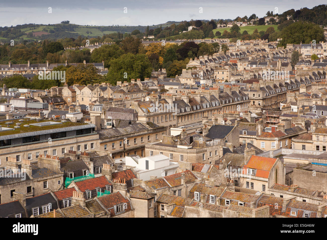 UK, England, Wiltshire, Bath town centre, elevated view of town centre from Abbey roof towards Royal Crescent Stock Photo
