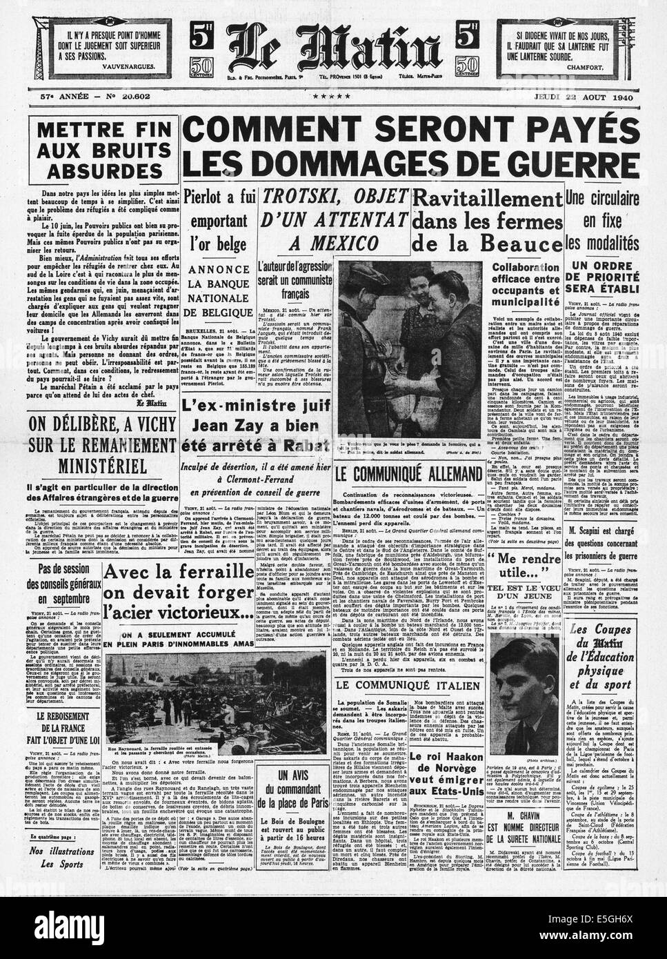 1940 Le Matin (France) front page reporting Death of Leon Trotsky Stock Photo