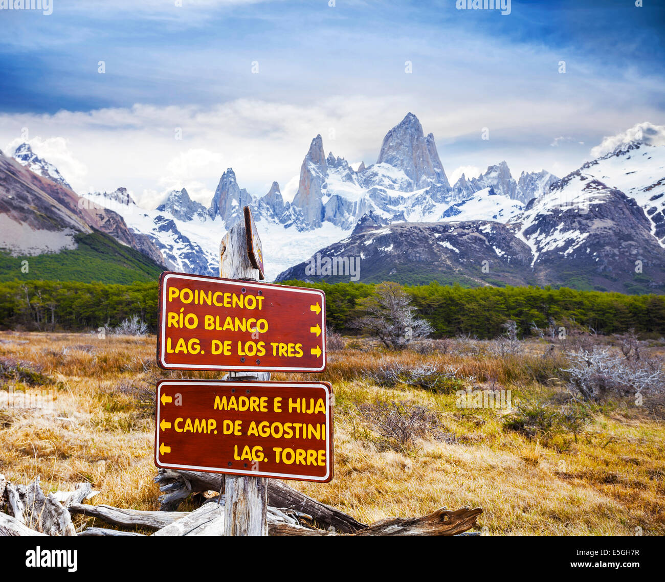 Park signs in Los Glaciares National Park, Fitz Roy Mountain Range, Argentina. Stock Photo