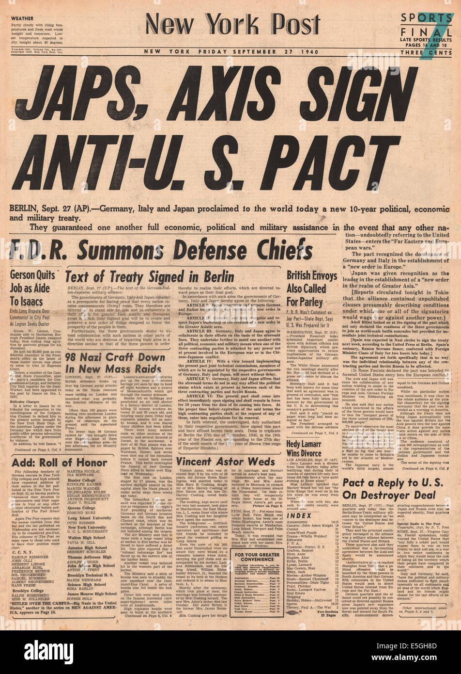 1940 New York Post front page reporting Japan, Germany and Italy sign 10 year military, economic and military Pact Stock Photo