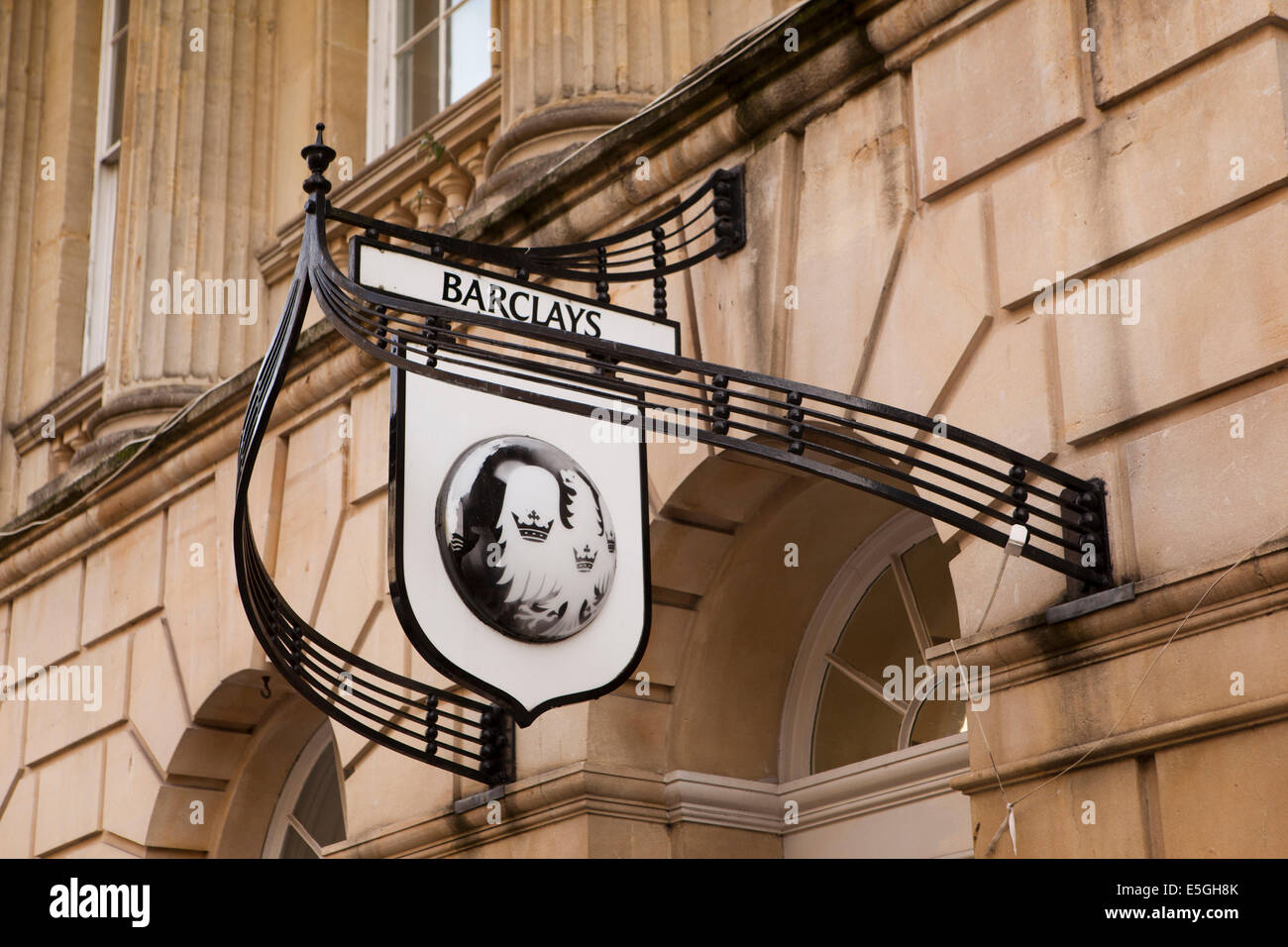 UK, England, Wiltshire, Bath, Milsom Street, Barclays Bank sign hung in elegant wrought iron support Stock Photo