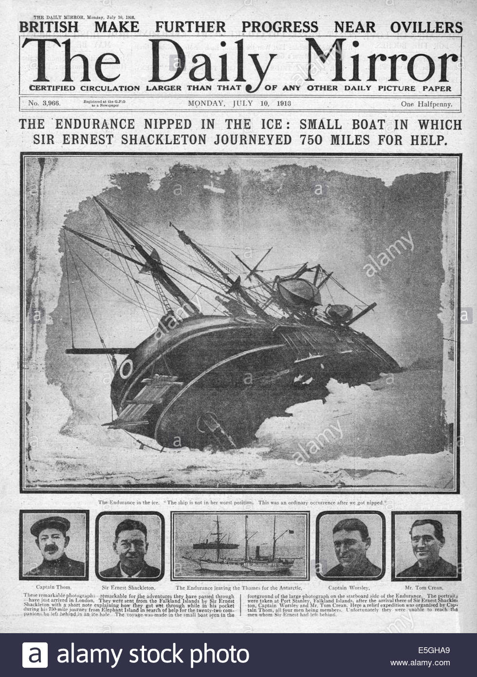 1916 Daily Mirror front page reporting Sir Ernest