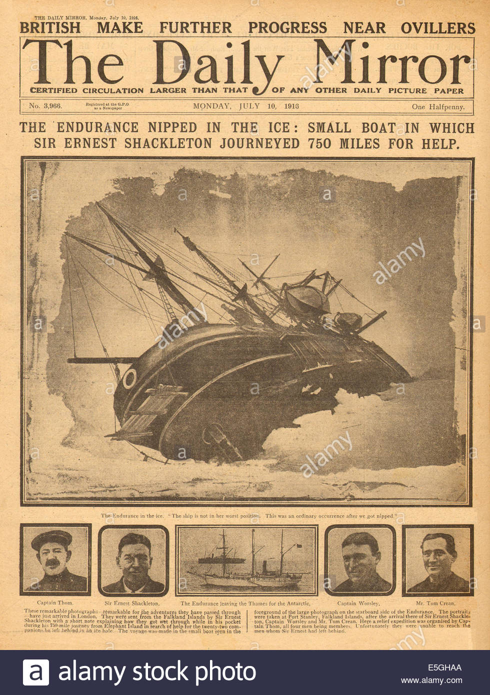 1916 Daily Mirror front page reporting Sir Ernest Shackleton South