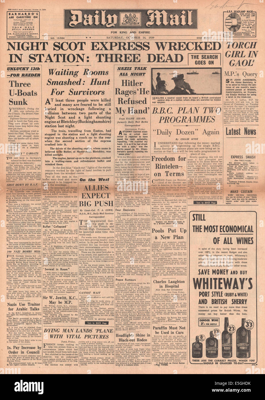 1939 Daily Mail front page reporting Night Scot express train crashes ...