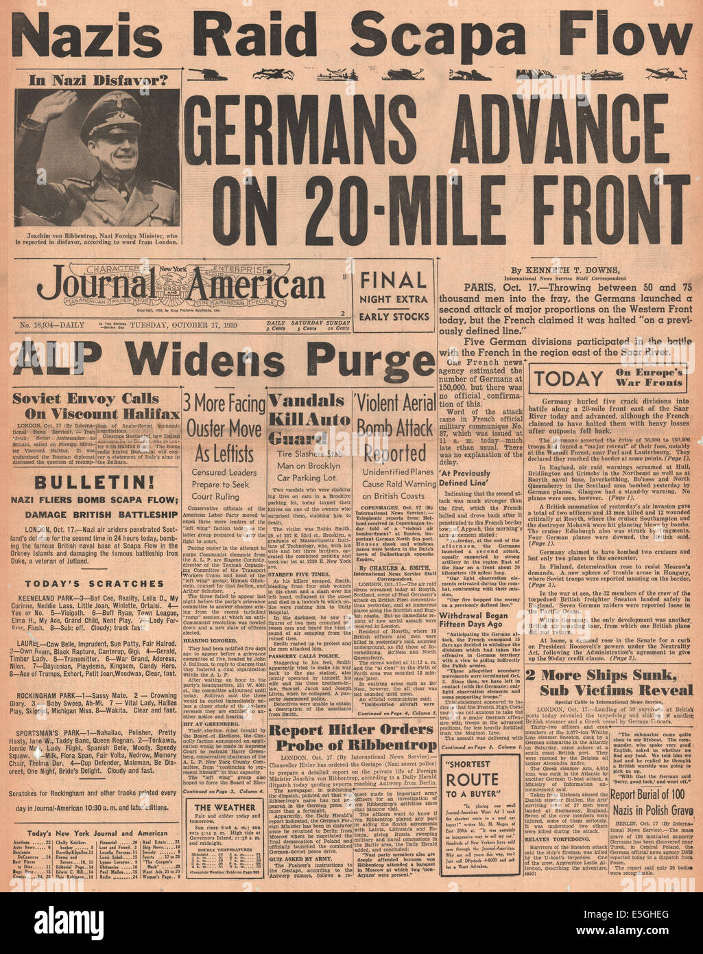 1939 Daily Herald front page reporting German troops advance on Western Front against French forces Stock Photo