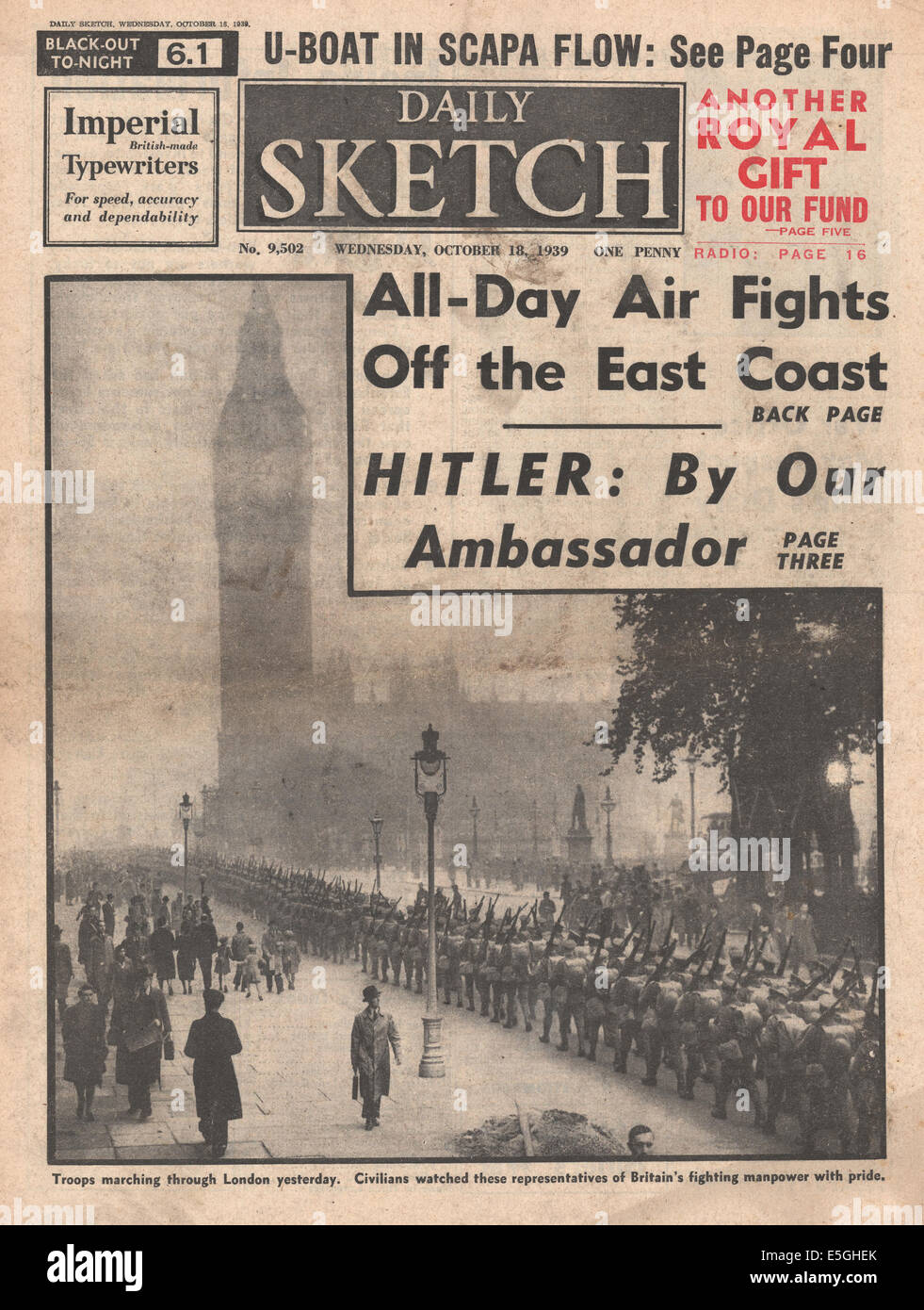 1939 Daily Sketch front page reporting Troops marching through London Stock Photo
