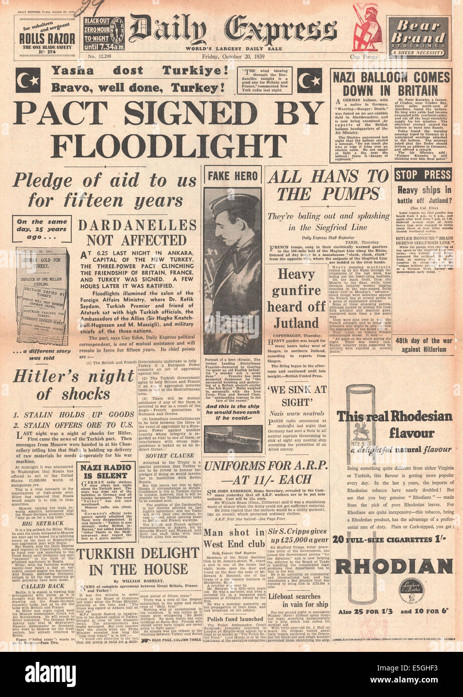1939 Daily Express front page reporting Britain and France sign pact