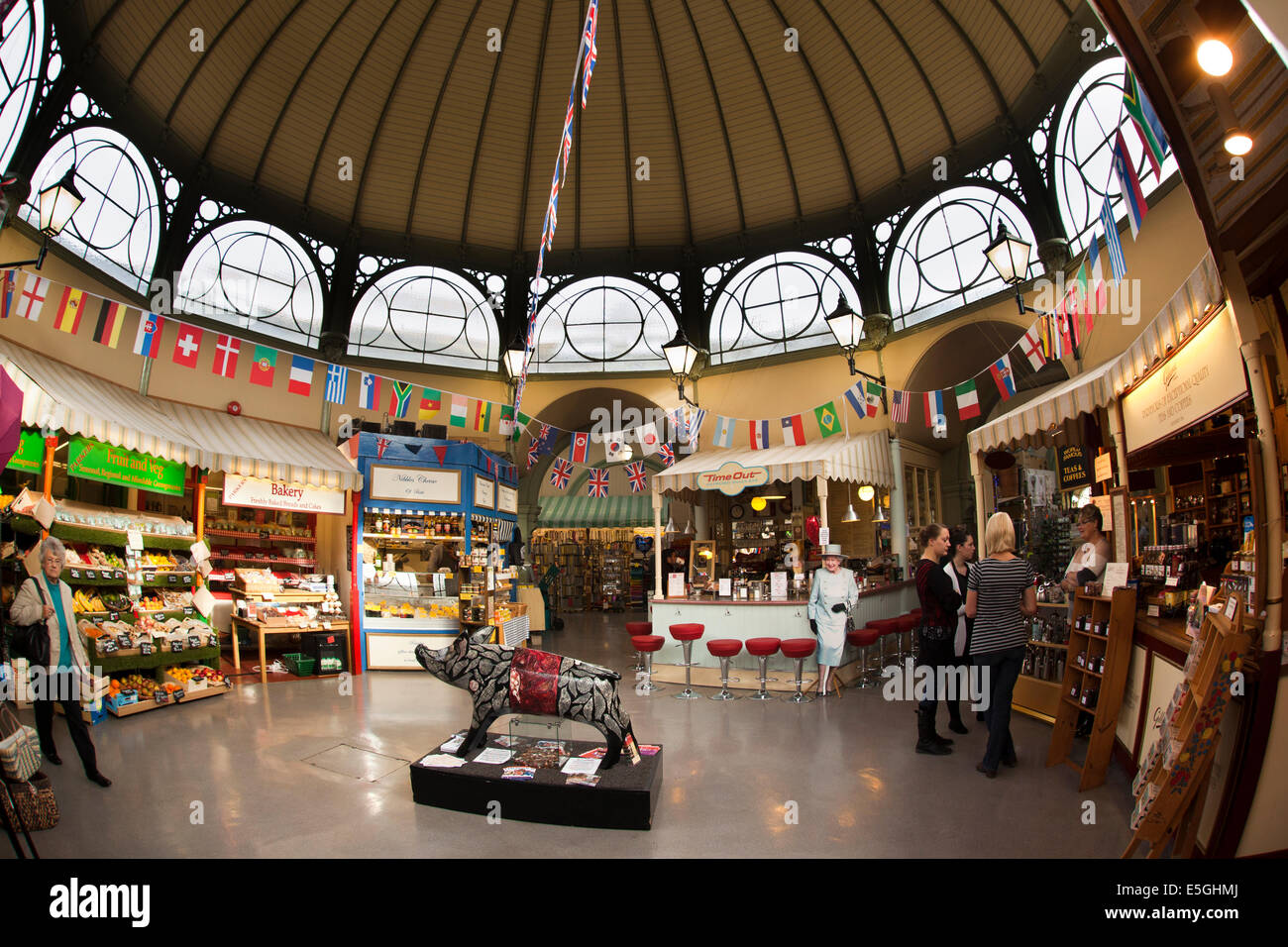 UK, England, Wiltshire, Bath, Guildhall Market stalls under central dome fish-eye lens wide angle view Stock Photo