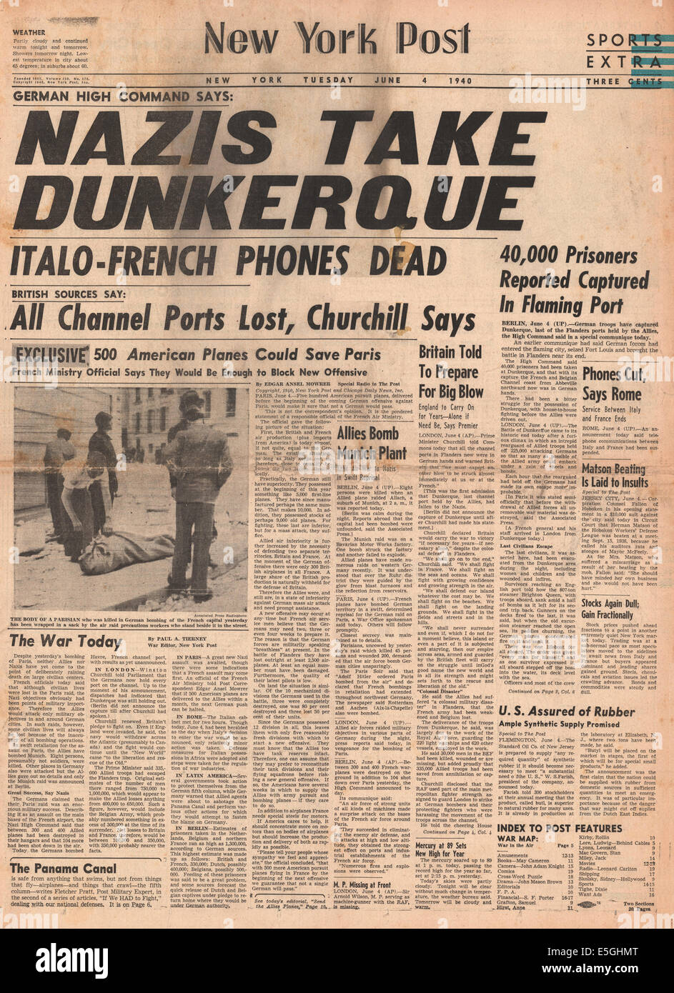1940 New York Post front page reporting German Army captures Dunkirk Stock Photo