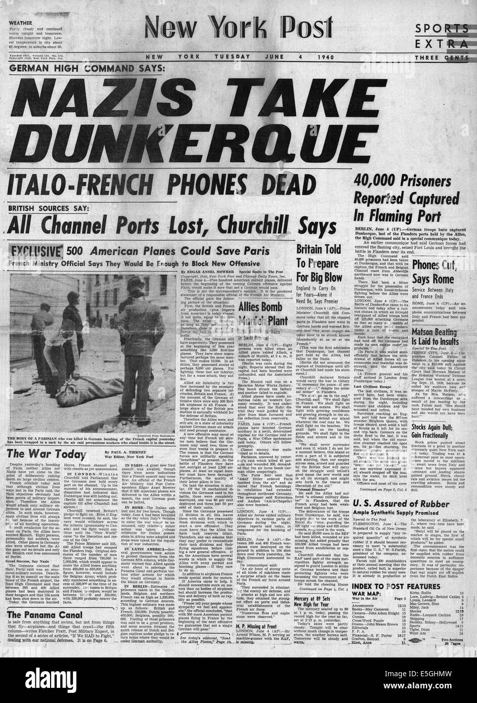 1940 New York Post front page reporting German Army captures Dunkirk Stock Photo
