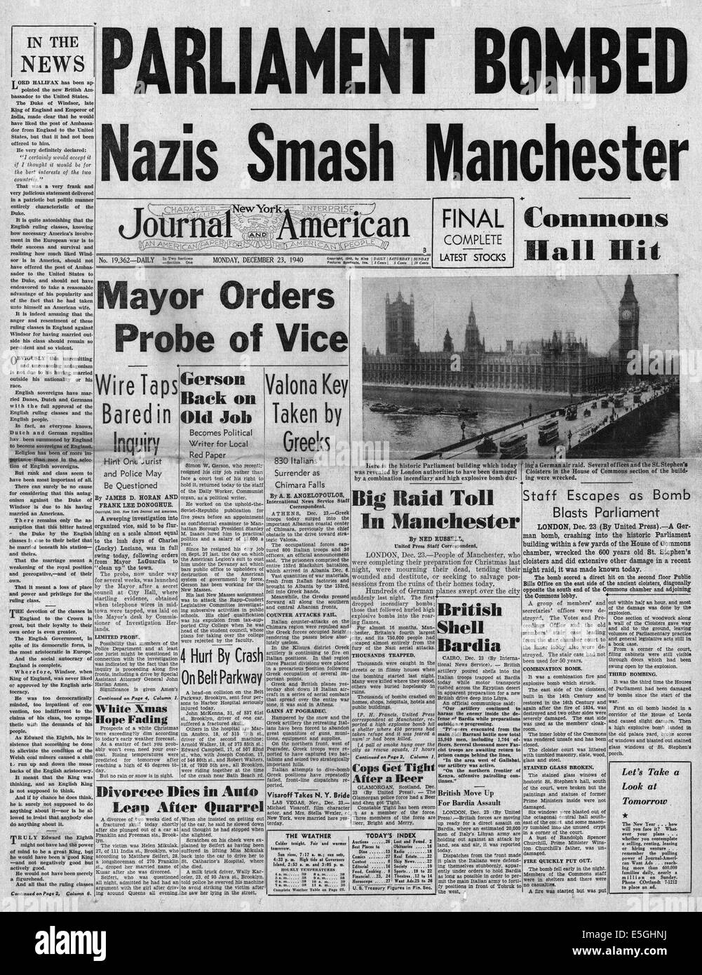 1940 New York Journal-American front page reporting Luftwaffe bombing raids on London and Manchester, including British parliament buildings (House of Commons) Stock Photo