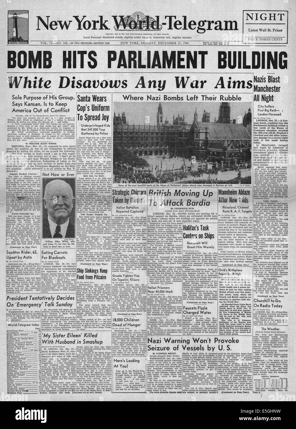 1940 New York World Telegram front page reporting Luftwaffe bombing raids on London and Manchester, including British parliament buildings (House of Commons) Stock Photo