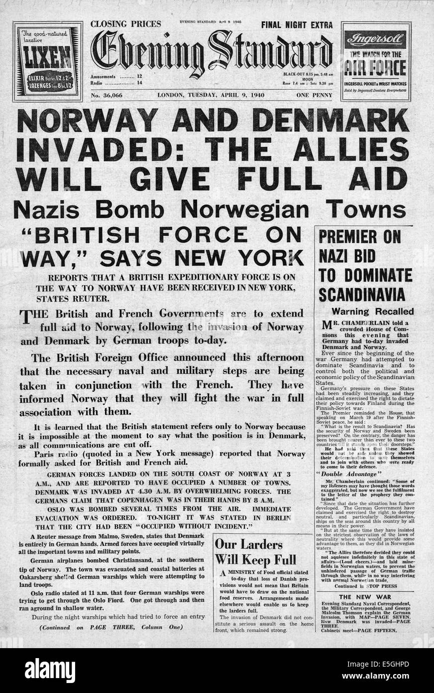 1940 Evening Standard (London) 2nd edition front page reporting Germany invades Norway and Denmark Stock Photo