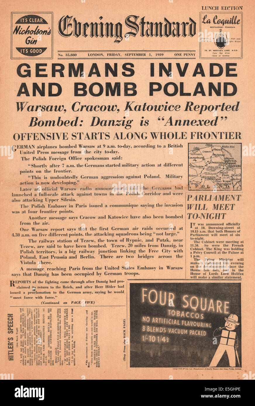 1939 Evening Standard (London) front page reporting the invasion of Poland by Nazi Germany Stock Photo