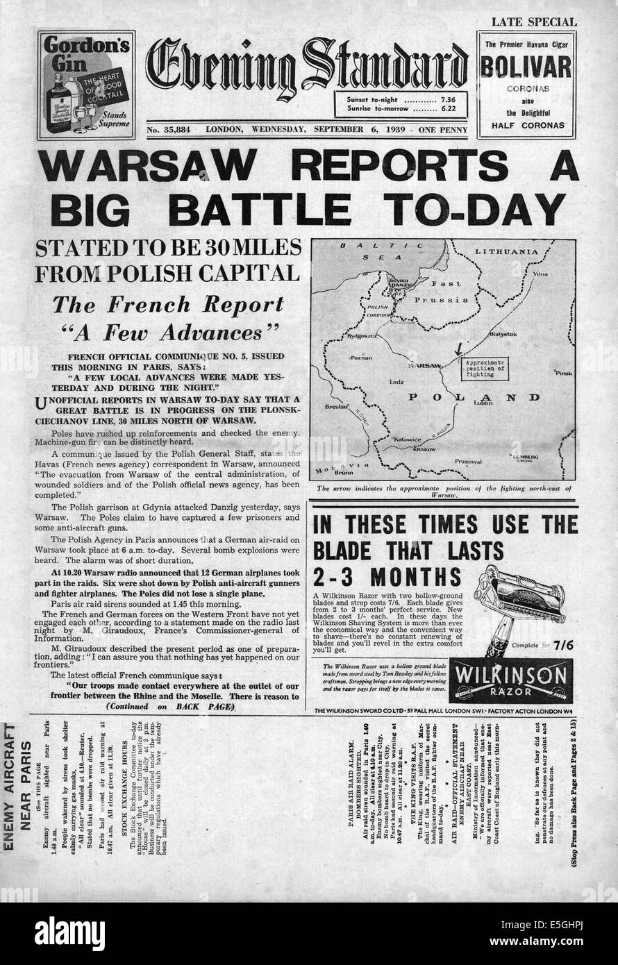 1939 Evening Standard (London) front page reporting battle for Warsaw between Polish and German forces Stock Photo