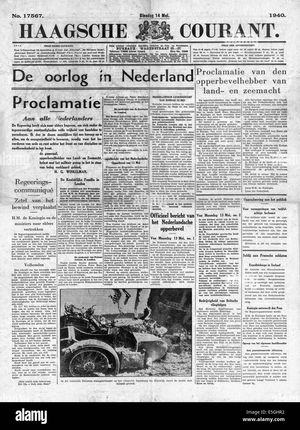 1940 Haagsche Courant (Netherlands) front page reporting Germany at war with Holland Stock Photo