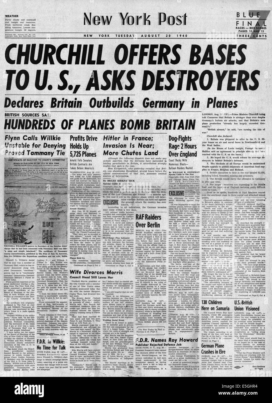 1940 New York Post front page reporting Winston Churchill offers the United States British Air and Naval bases in Newfoundland and West Indies in return for U.S. destroyers Stock Photo