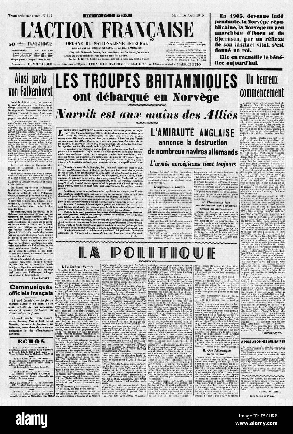 1940 L'Action Francaise (France) front page reporting Allied forces attempt to recapture Narvik from German forces Stock Photo