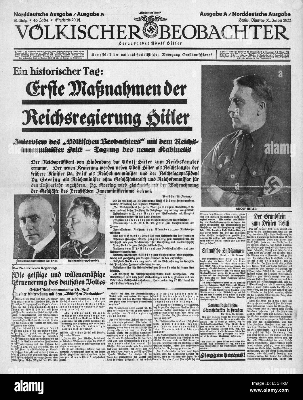 1933 Völkischer Beobachter (Germany) Adolf Hitler becomes Chancellor of Germany Stock Photo