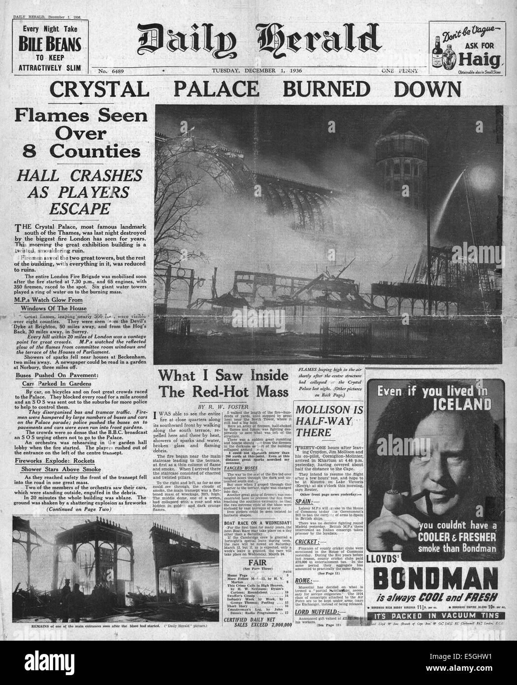 1936 Daily Herald Front Page Reporting The Crystal Palace Fire Stock Photo Alamy