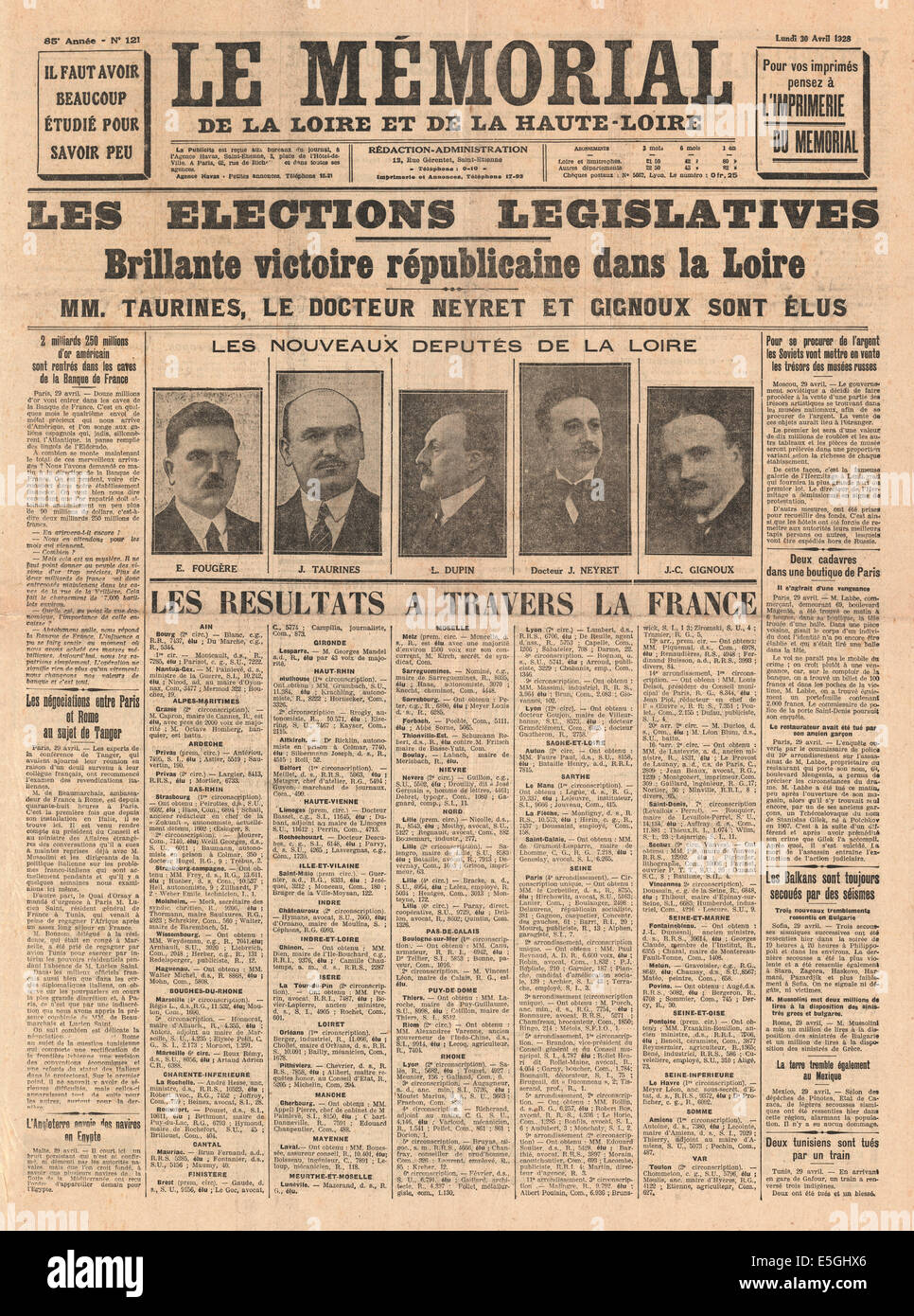 1928 Le Memorial (France)  front page reporting Legislative elections in France Stock Photo