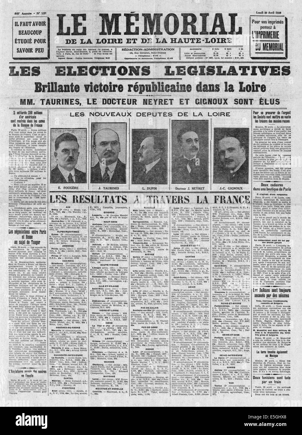1928 Le Memorial (France)  front page reporting Legislative elections in France Stock Photo