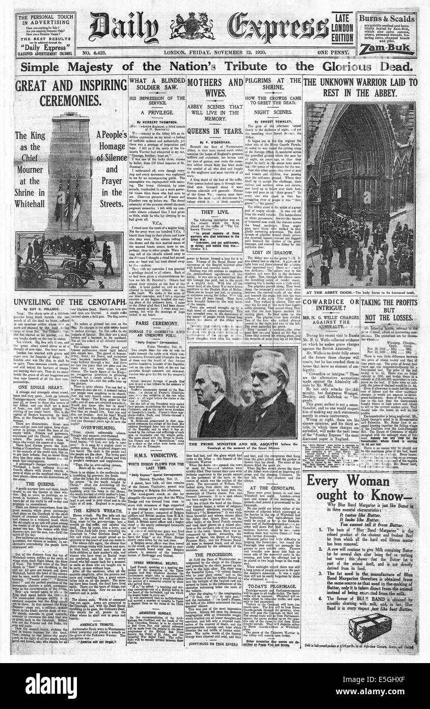 1920 Daily Express front page reporting the unveilling of The Cenotaph
