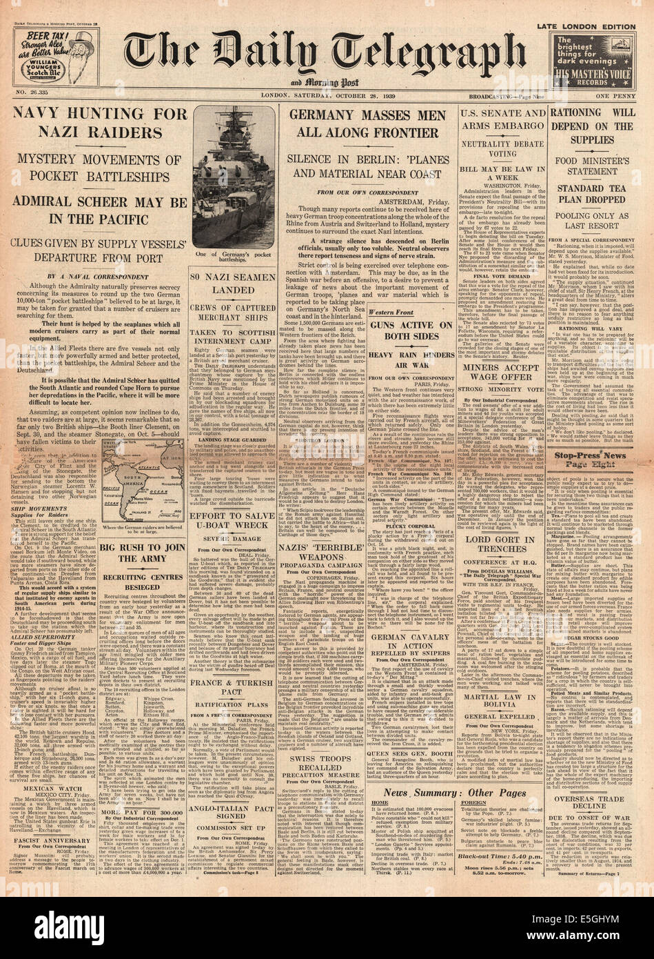 1939 Daily Telegraph front page reporting Royal Navy hunt German pocket