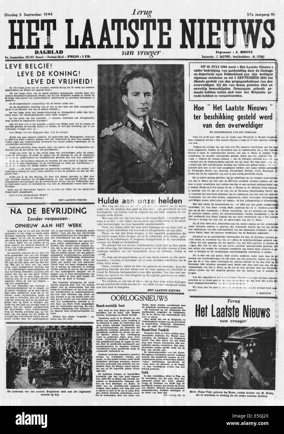1944 Het Laatste Nieuws (Belgium) front page reporting Belgium liberated by Allied forces with the headline 'Long Live Belgium, Long Live the King, Long Live Freedom' Stock Photo