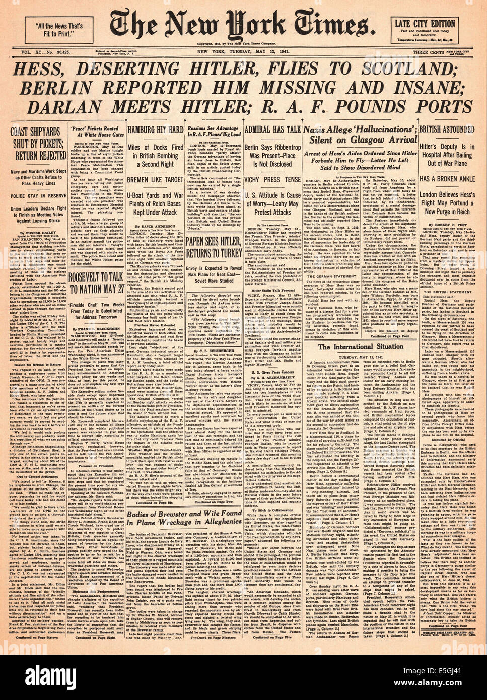 1941 New York Times (USA) front page reporting Rudolf Hess lands in ...