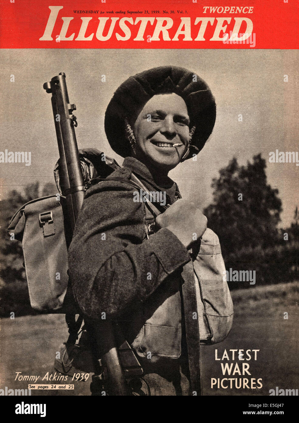 1939 Illustrated magazine front cover showing photograph of a smiling British soldier entitled 'Tommy Atkins 1939' Stock Photo